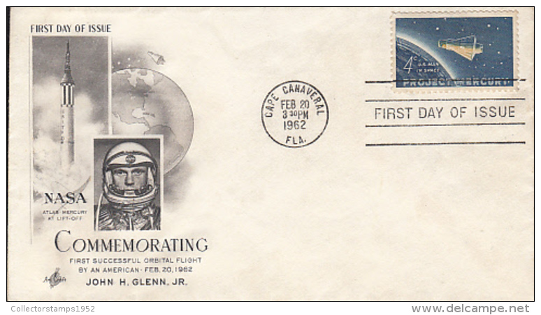 72450- JOHN GLENN, FIRST AMERICAN ORBITAL FLIGHT, ATLAS-MERCURY SHUTTLE, COSMOS, SPACE, COVER FDC, 1962, USA - América Del Norte