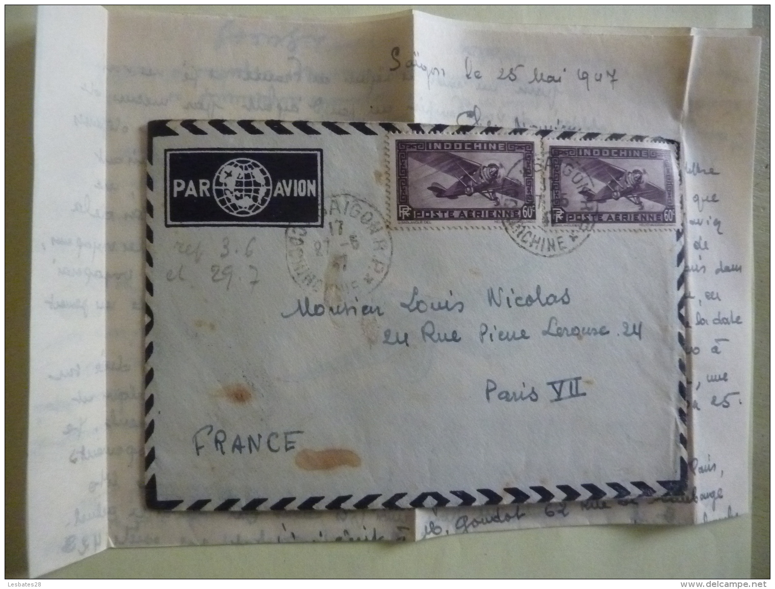 INDOCHINE TIMBRES POSTE AERIENNE   Cachet à Date COCHINCHINE SAIGON  1947 Class 3 - Luchtpost