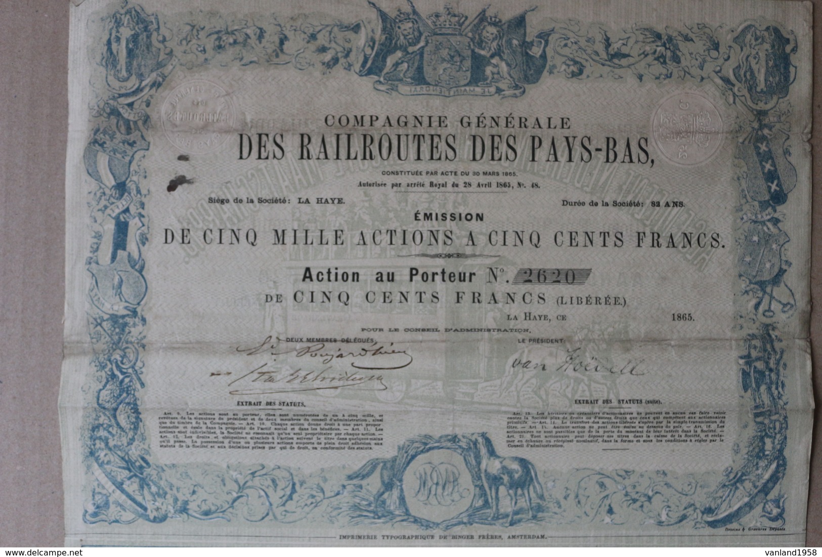 Action 500 Francs1865 Ces Railroutes Des Pays-Bas - Transports