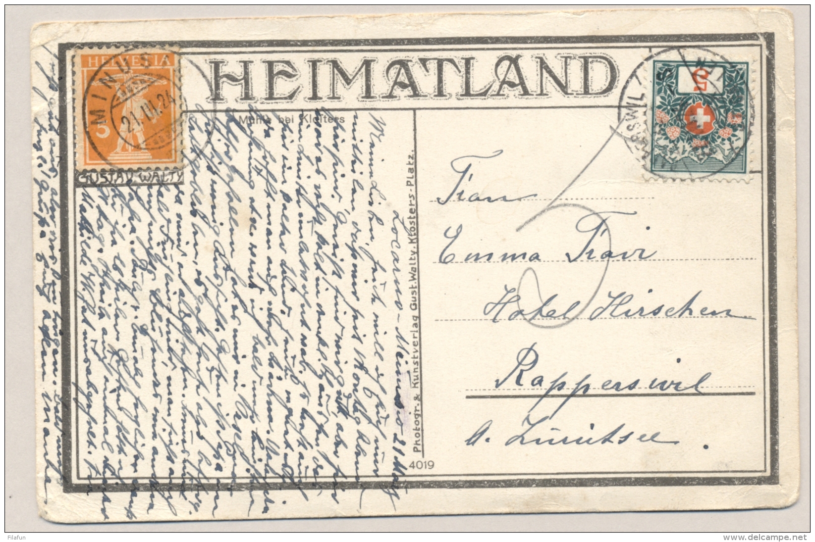 Schweiz - 1924 - 5c Portomarke On Postcard From Minusio To Rapperswil - Strafportzegels