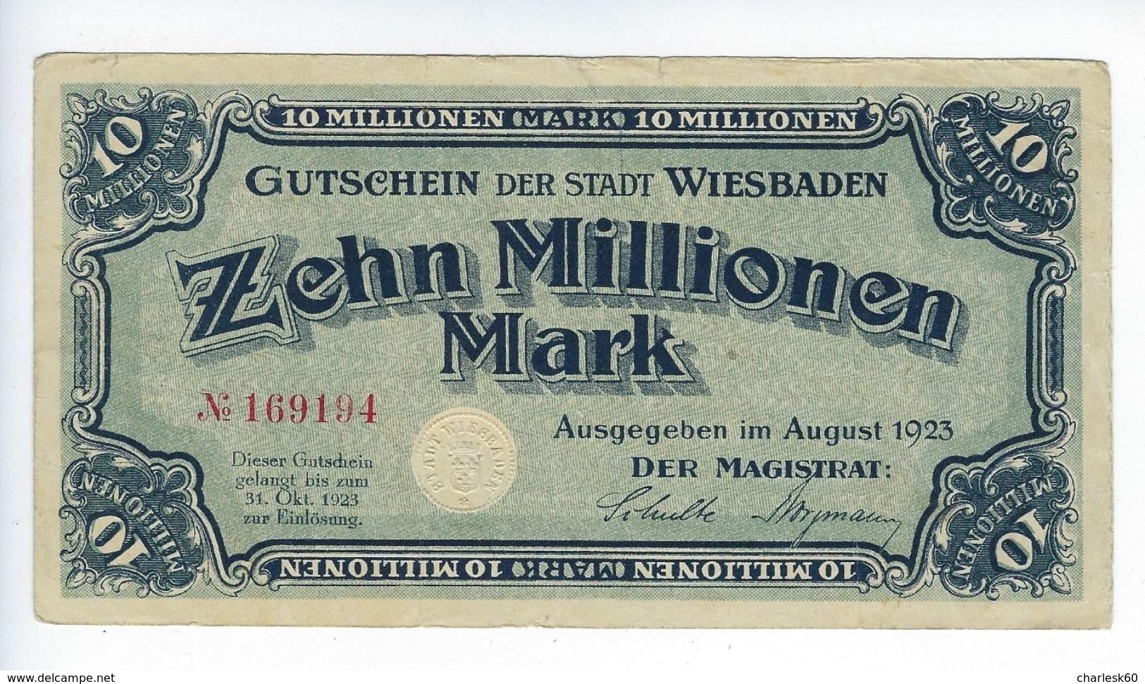 Billet - Wiesbaden - Zehn Millionen Mark - 1923 - Mark - 10 Millionen - Mark - 10 Millionen Mark