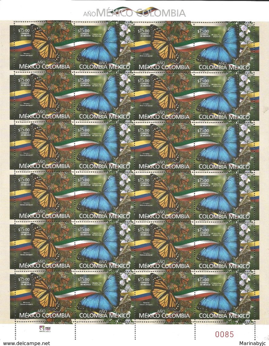 J) 2018 MEXICO, MEXICO YEAR COLOMBIA, MARIPOSAS, MARIPOSA MONARCA AND MORPHO AZUL, PAIR, FULL SHEET, MNH - Mexique