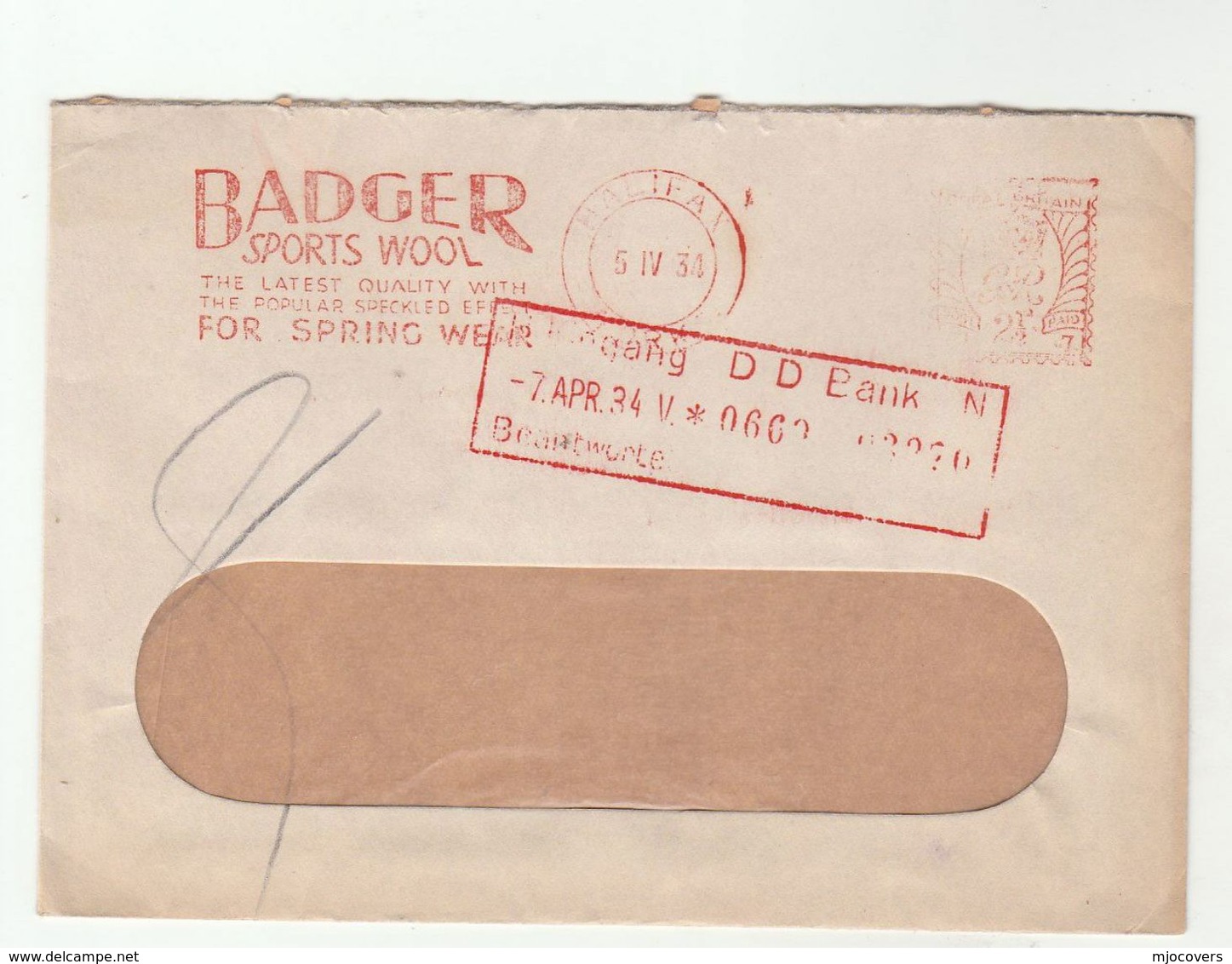 1934 Halifax GB Meter  BADGER SPORTS WOOL The Latest Quality Popular Speckled Effect Spring Wear SLOGAN  Cover - Covers & Documents