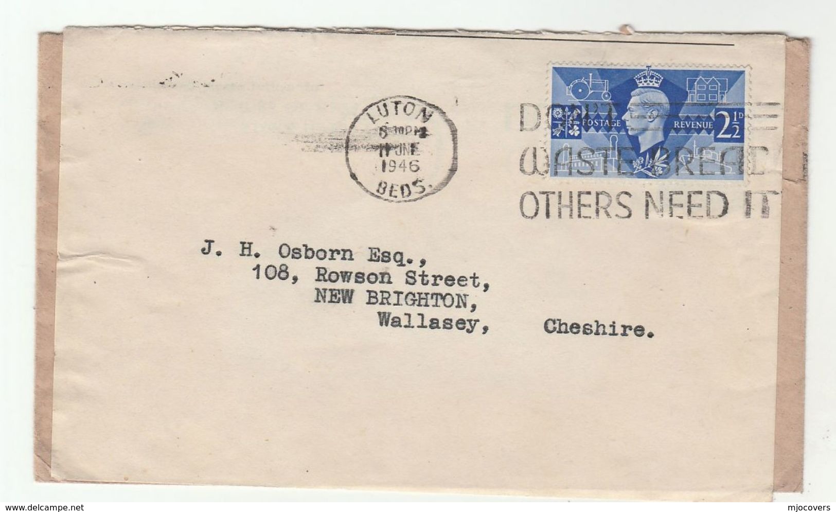 1946 Luton  GB VICTORY Stamps COVER  SLOGAN DONT WASTE BREAD Fdc LUTON ELECTRICTY BOARD RESEAL LABEL Electric Energy Gb - ....-1951 Pre Elizabeth II