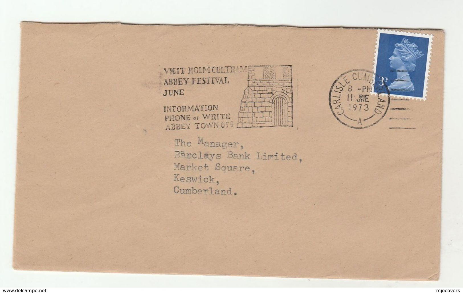 1973 Cover HOLM CULTRAM ABBEY FESTIVAL Illus CHURCH Slogan Pmk Carlisle GB Stamps Religion Christianity - Churches & Cathedrals