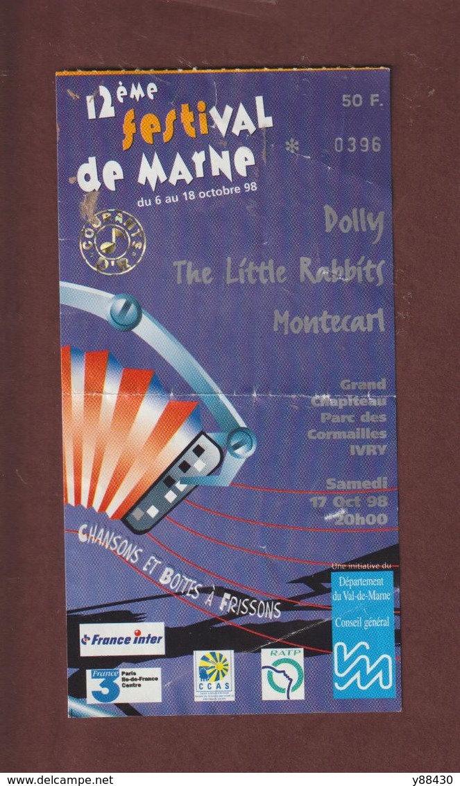 Ticket Original D'entrée - 12ème FESTIVAL DE MARNE - DOLLY / MONTECART / THE LITTLE RABBITS à IVRY Le 17 Octobre 1998 - Eintrittskarten