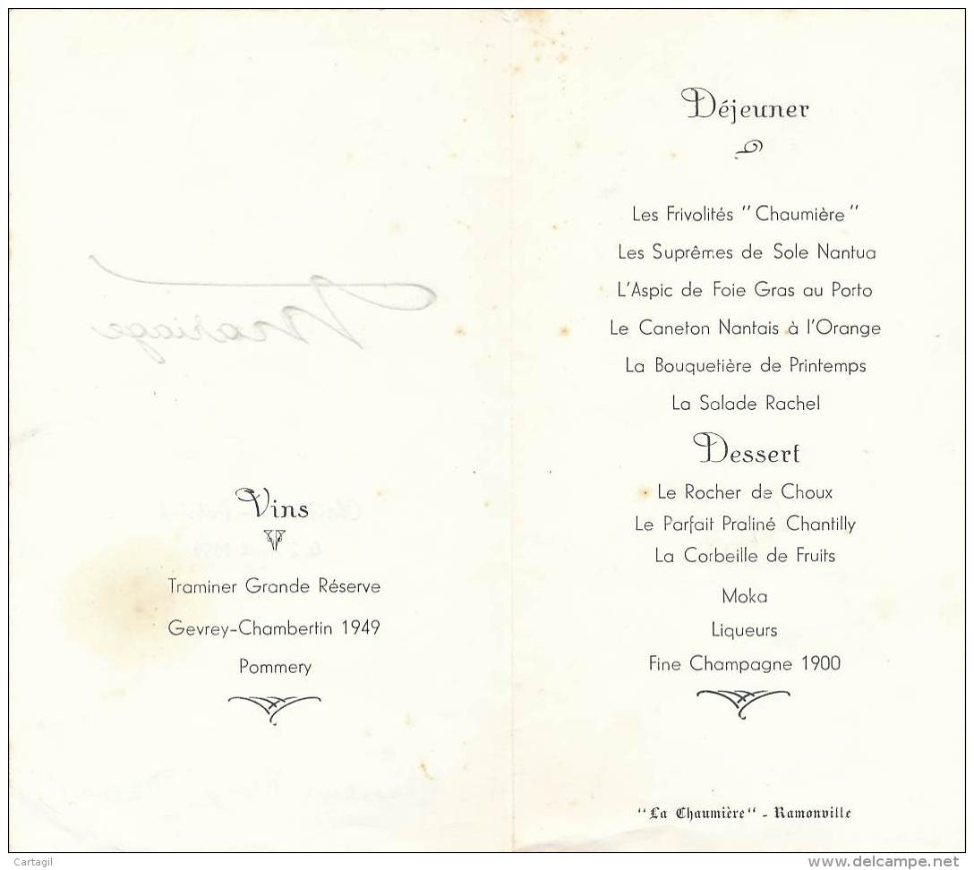 AC-B3361- Menu Mariage  Du 2 Avril 1959  à La Chaumière Ramonville   (Précisions , état... Voir Scans)-envoi Gratuit - Menus