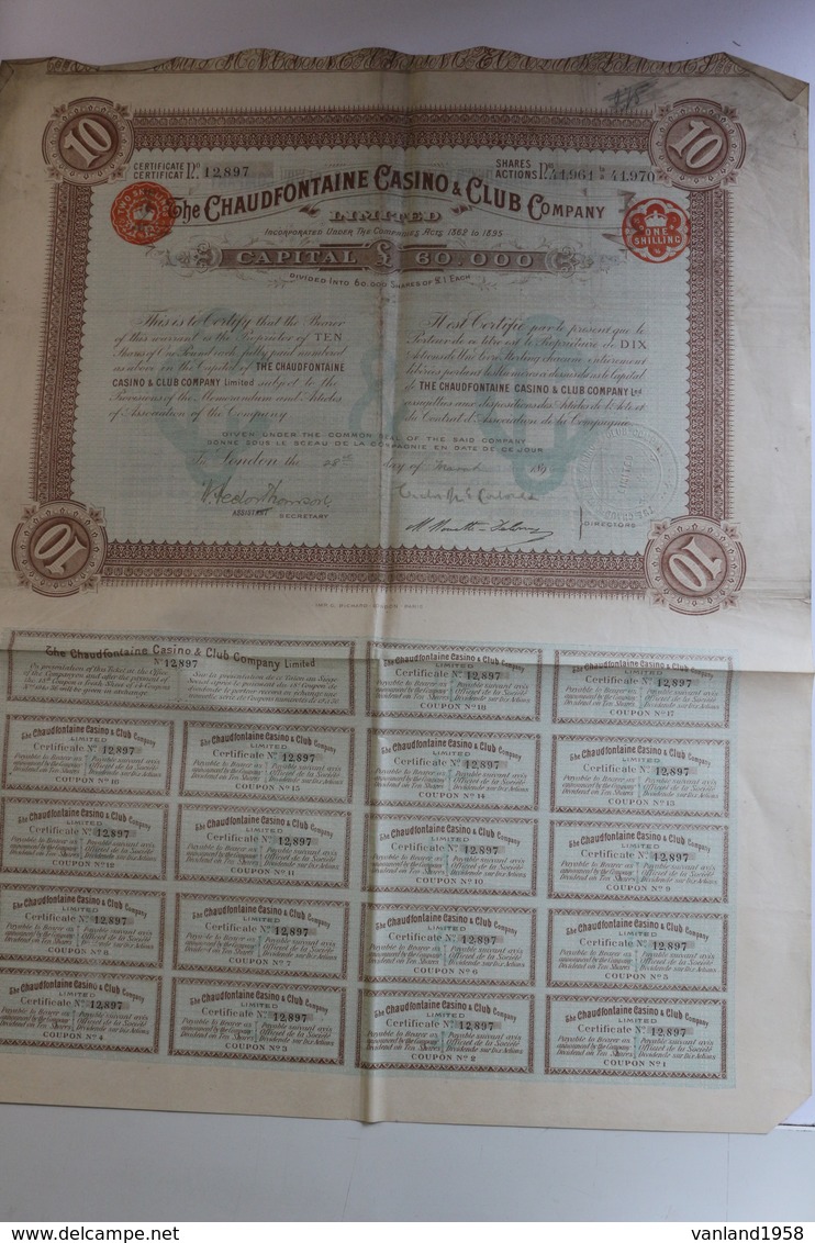 Action One Shilling 1896 The Chaudfontaine Casino & Club Compagnie - Casino