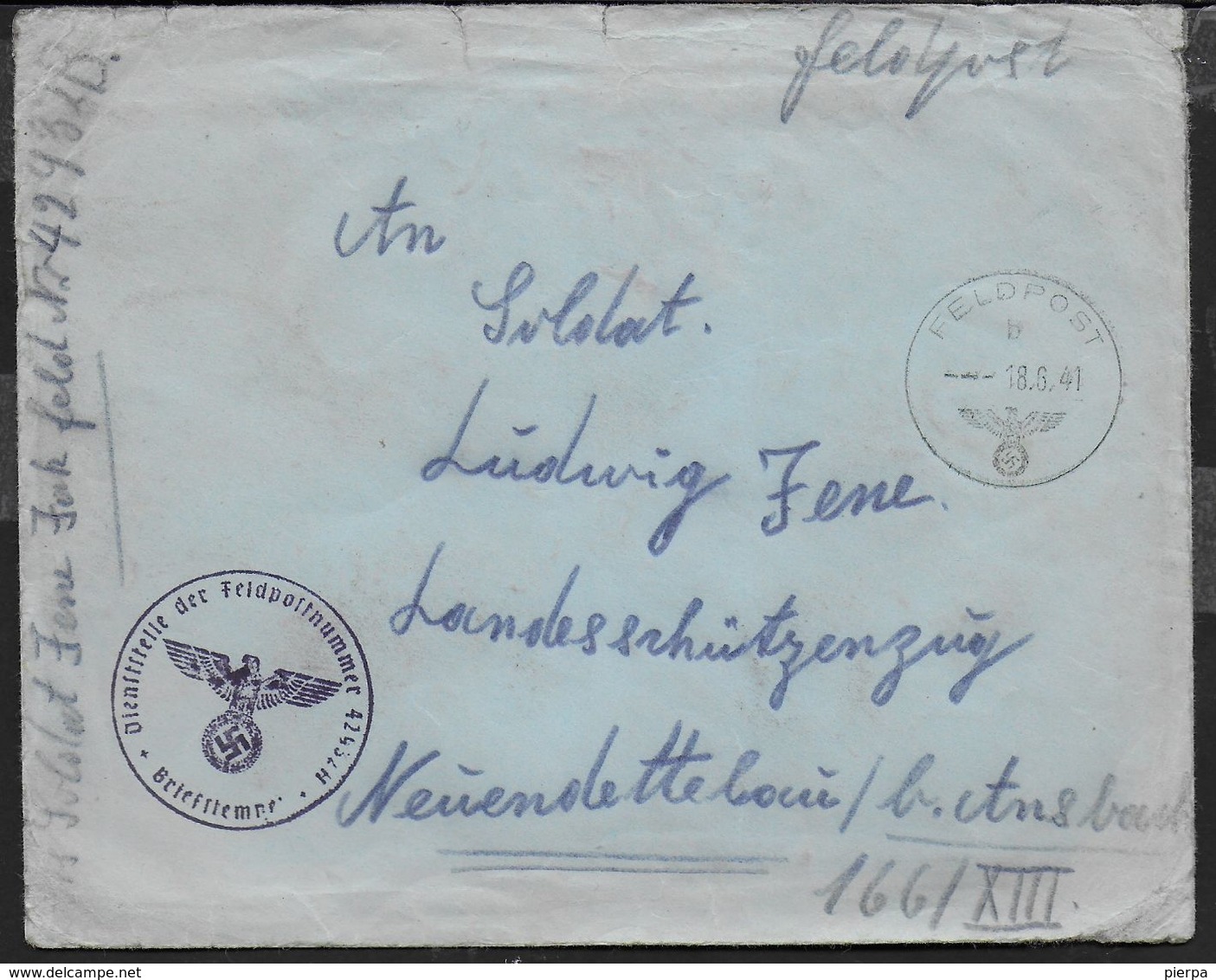 POSTA MILITARE IN FRANCHIGIA - FELDPOST B -18.06.1941 - ANNULLO DIENSTSTELLE DER FELDPOSTNUMMER 42932H - Lettres & Documents