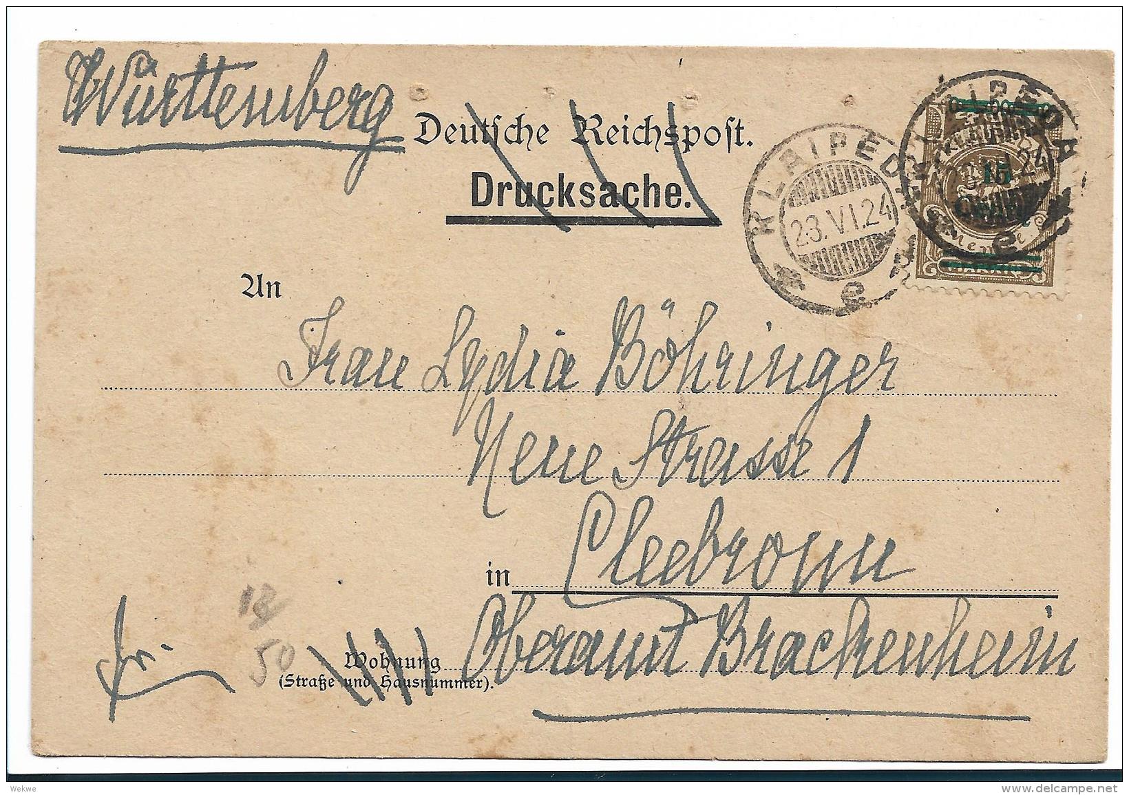 DT-A033 /   LITAUEN - Klaipeda, Mi.Nr. 206, EF Auf Karte 1924 Nach Cleebronn (WTBG) - Occupation 1914-18