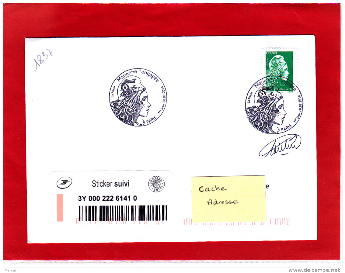 Marianne L'engagée LV (0,80 &euro;) + Sticker Suivi  /  Lettre Suivie Circulé / Obl PJ 20/07/18  / Signé Catelin - Lettres & Documents