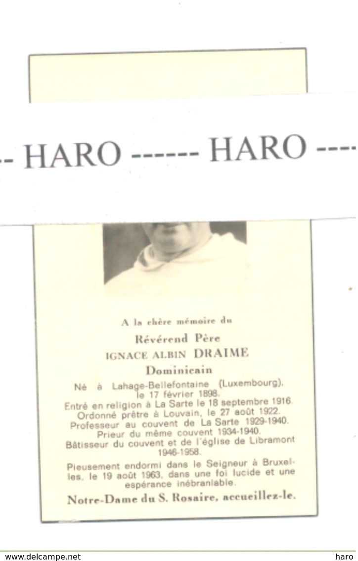 Faire-part De Décès R.P. Ignace DRAIME, Dominicain - LAHAGE - BELLEFONTAINE 1898 / BRUXELLES 1963 -Huy,Libramont (b234) - Décès