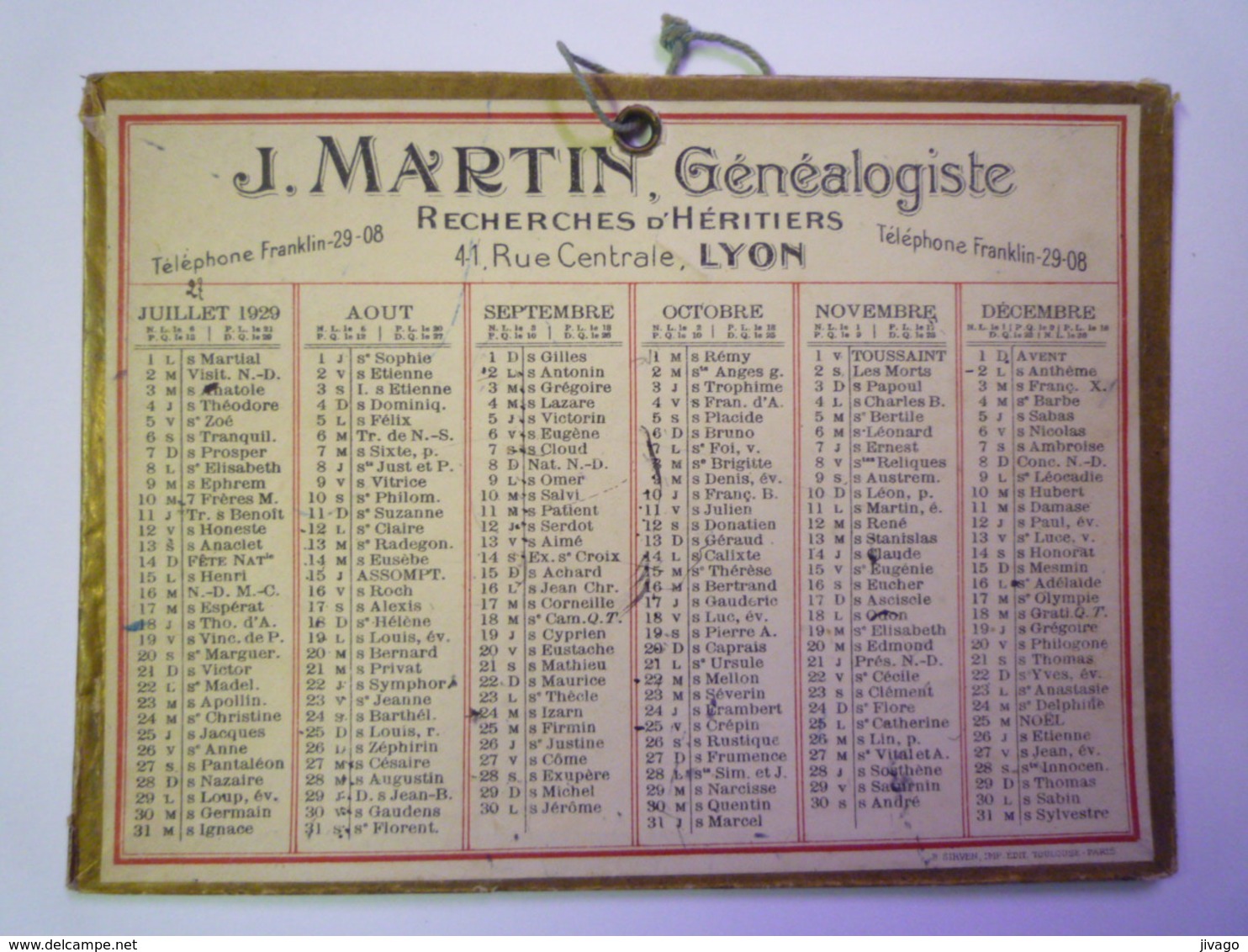 CALENDRIER  1929  J. MARTIN  Généalogiste  LYON     (format  16 X 12cm) - Petit Format : 1921-40