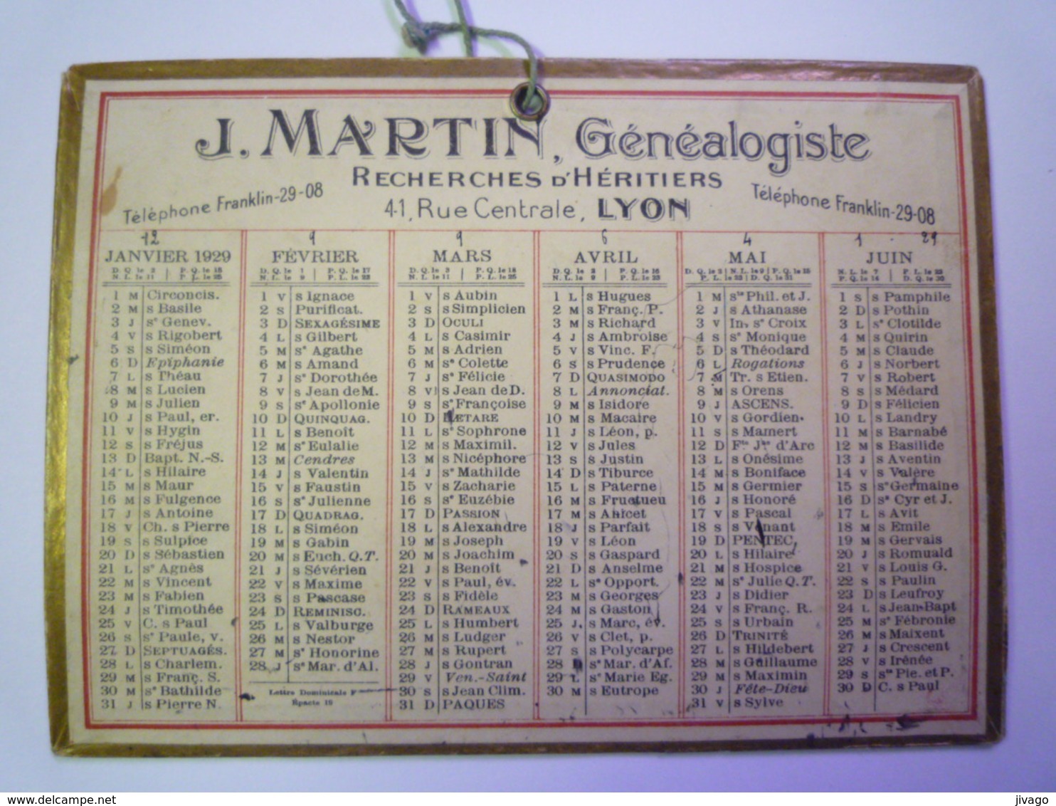 CALENDRIER  1929  J. MARTIN  Généalogiste  LYON     (format  16 X 12cm) - Tamaño Pequeño : 1921-40
