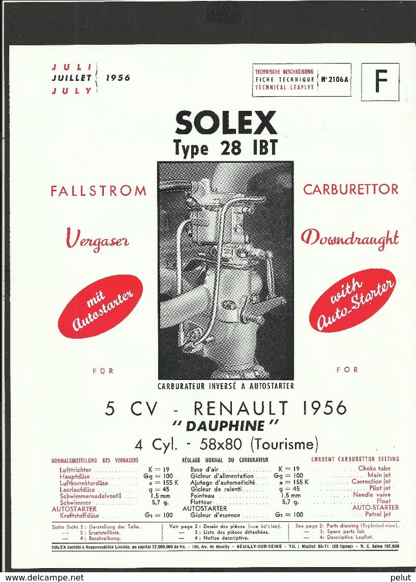 SOLEX Fiche Technique Juillet 1956 - Supplies And Equipment