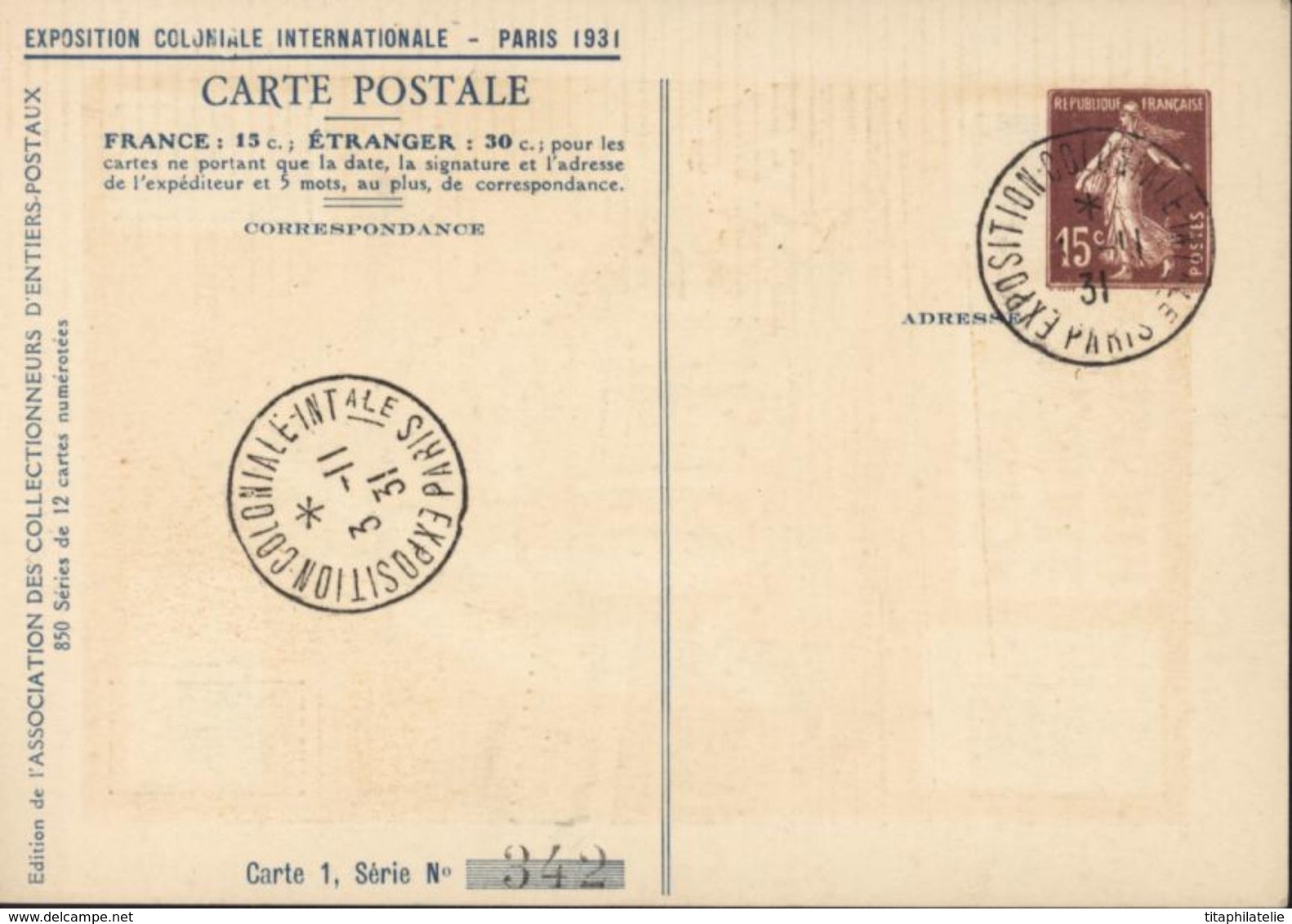 Entier 15ct Brun Storch G2a Indochine 3 11 31 CP Exposition Coloniale Internationale De Paris 1931 - Cartes Postales Types Et TSC (avant 1995)