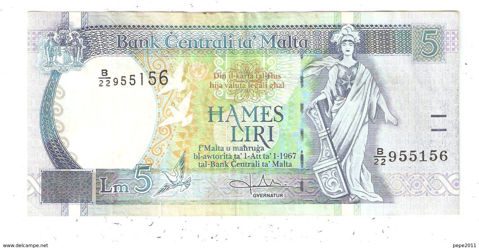 BILLETE (Banknote) Bank Centrali Ta MALTA 5 Liri - Malte