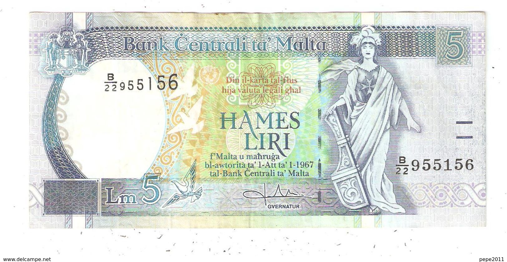 BILLETE (Banknote) Bank Centrali Ta MALTA 5 Liri - Malta
