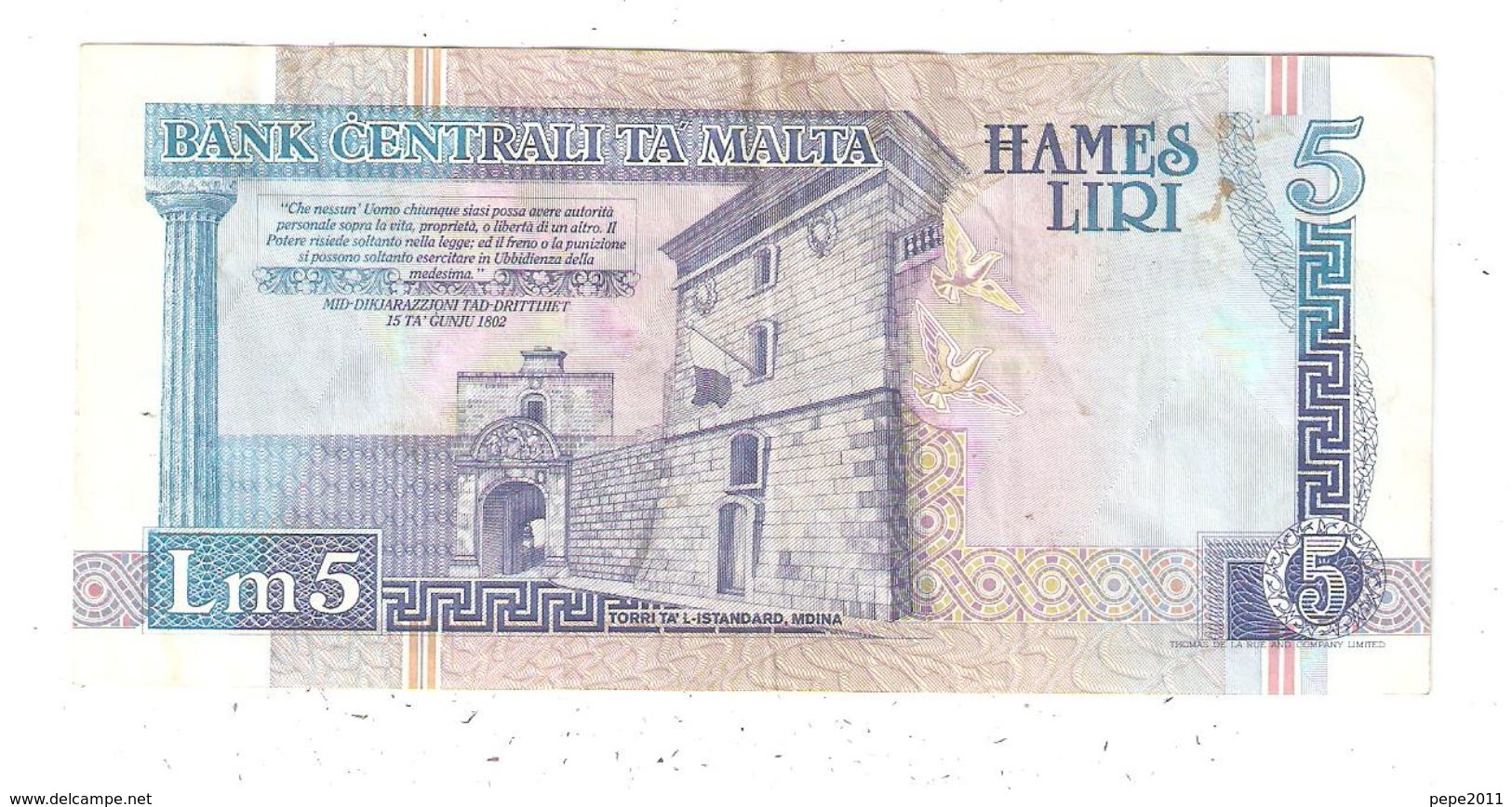 BILLETE (Banknote) Bank Centrali Ta MALTA 5 Liri - Malte