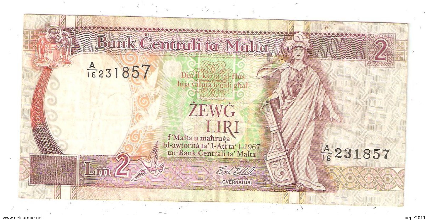 BILLETE (Banknote) Bank Centrali Ta MALTA 2 Liri - Malte