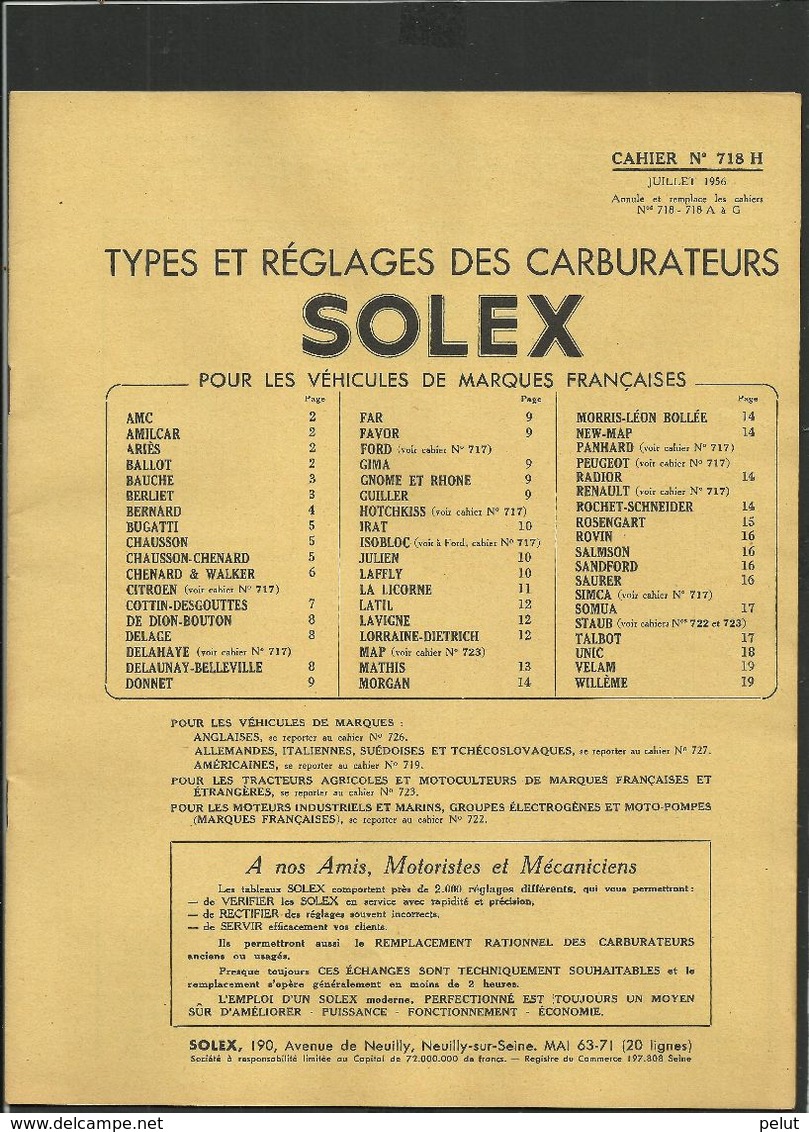 SOLEX Type Et Réglage Des Carburateurs 1956 - Matériel Et Accessoires