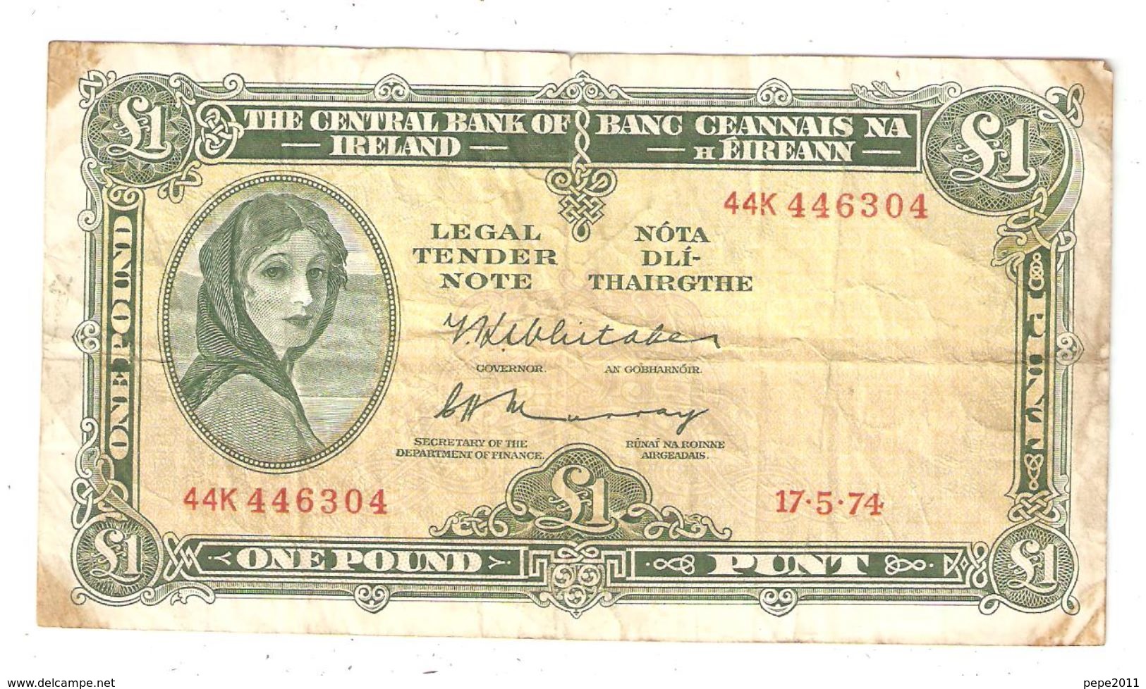 1974 Central Bank Of IRELAND 1 £ 1 POUND GREEN WOMAN HEAD FRONT MOTIF - Irlanda