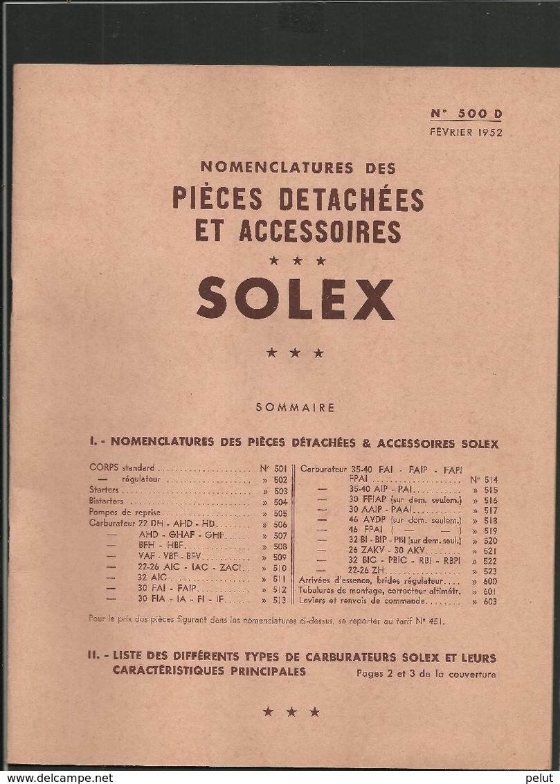 SOLEX Pièces Detachées Et Accessoires 1952 - Material Y Accesorios