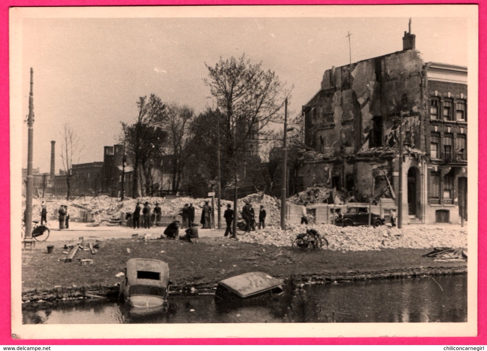 Carte Photo Rotterdam - Bombardement 1940 - Animée - Guerre - Voitures Dans L'eau - AGFA - 9 X 12,5 Cm - Rotterdam