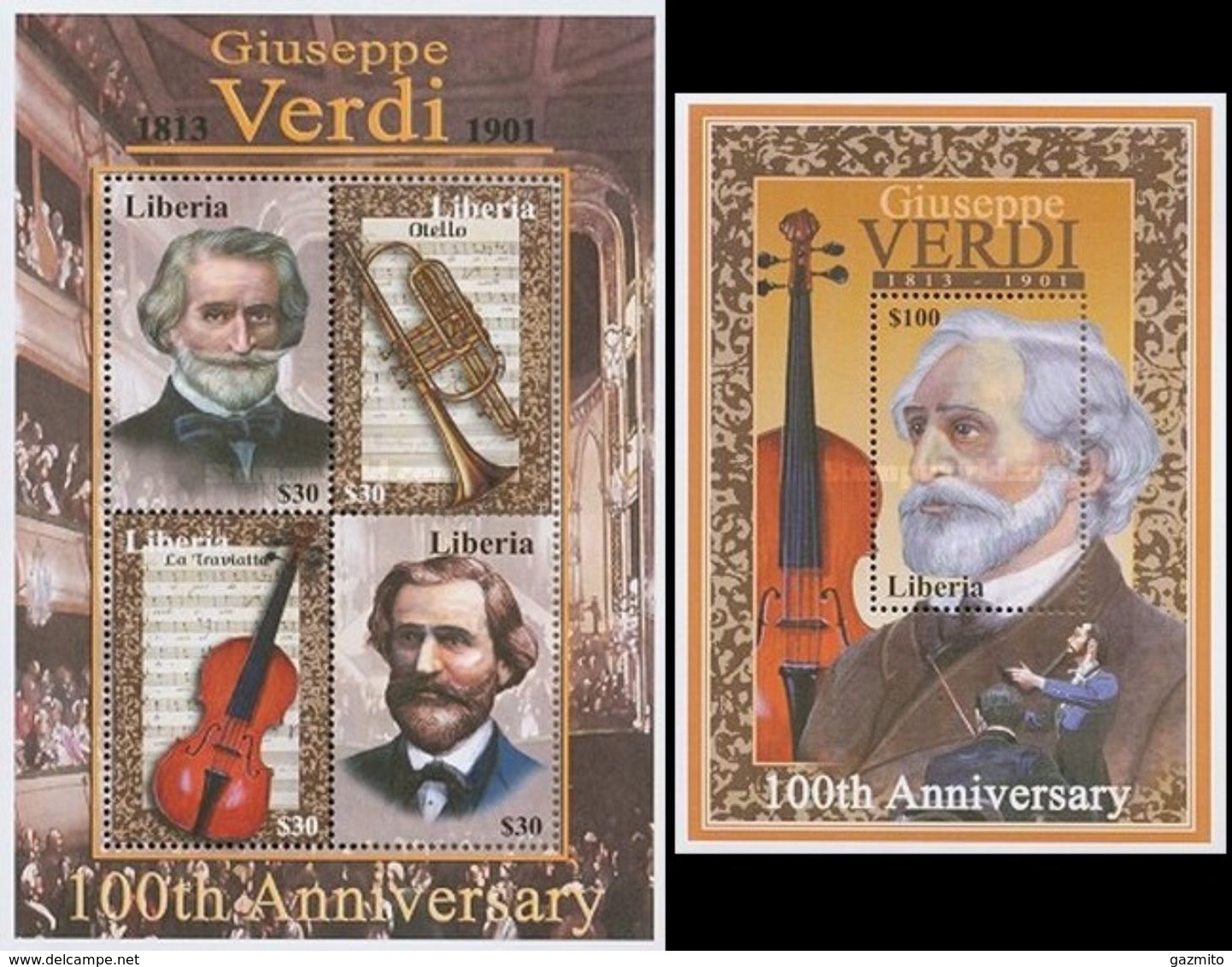 Liberia 2001, Music, 100th Giuseppe Verdi, Musical Instruments, 4val In BF - Musique