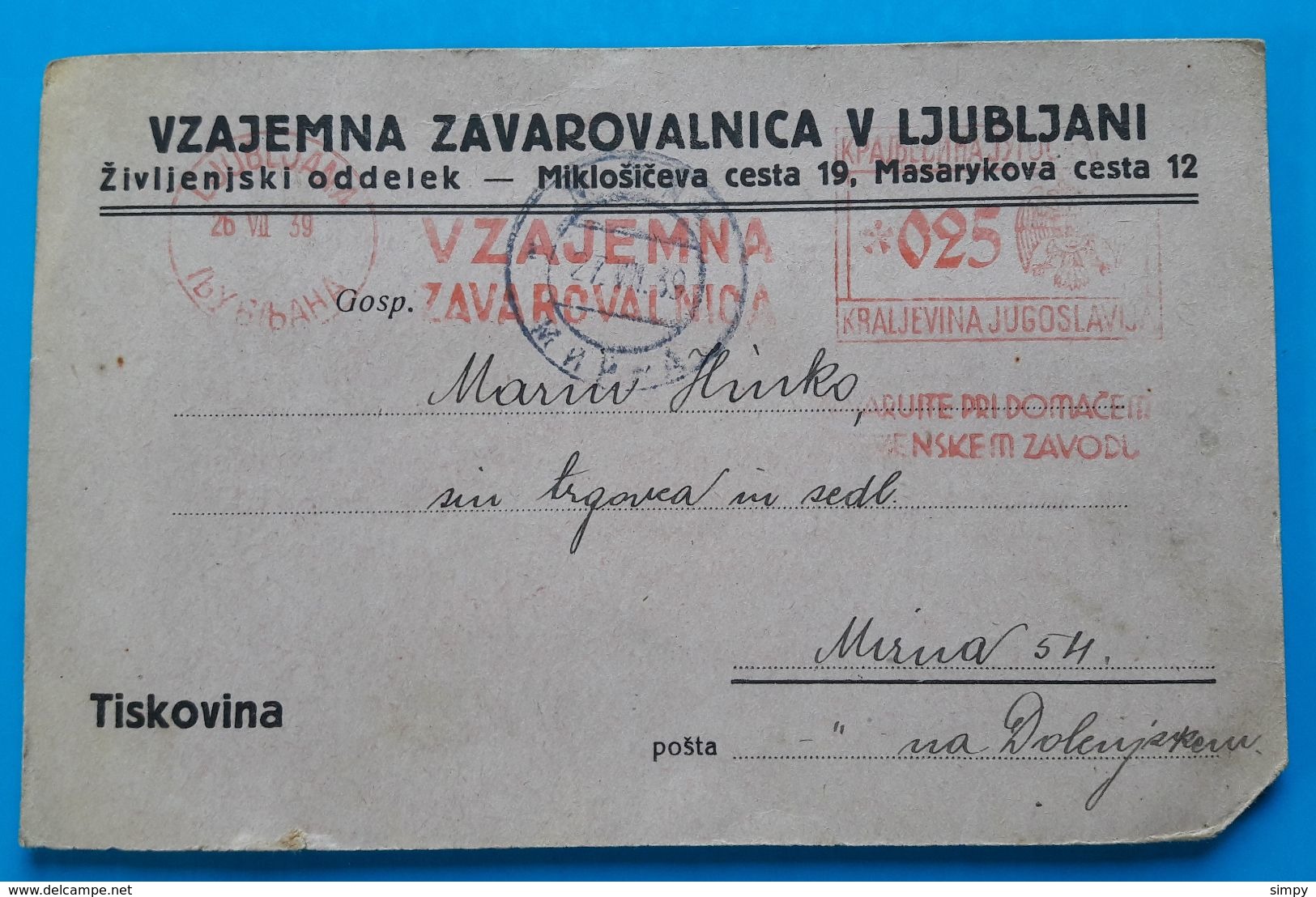 Tiskovina 1939 Vzajemna Zavarovalnica Ljubljana Flam Kingdom Yugoslavia Slovenia - Covers & Documents