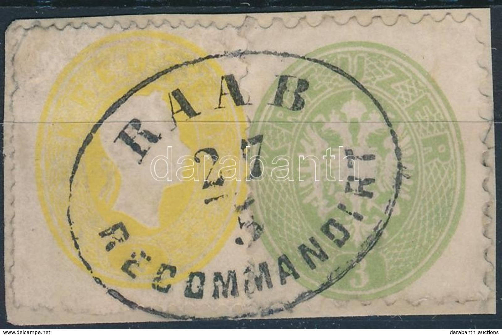 1861 2kr + 1864 (!) 3kr Vegyes Bérmentesítés Kivágáson ,,RAAB RECOMMANDIRT' - Other & Unclassified