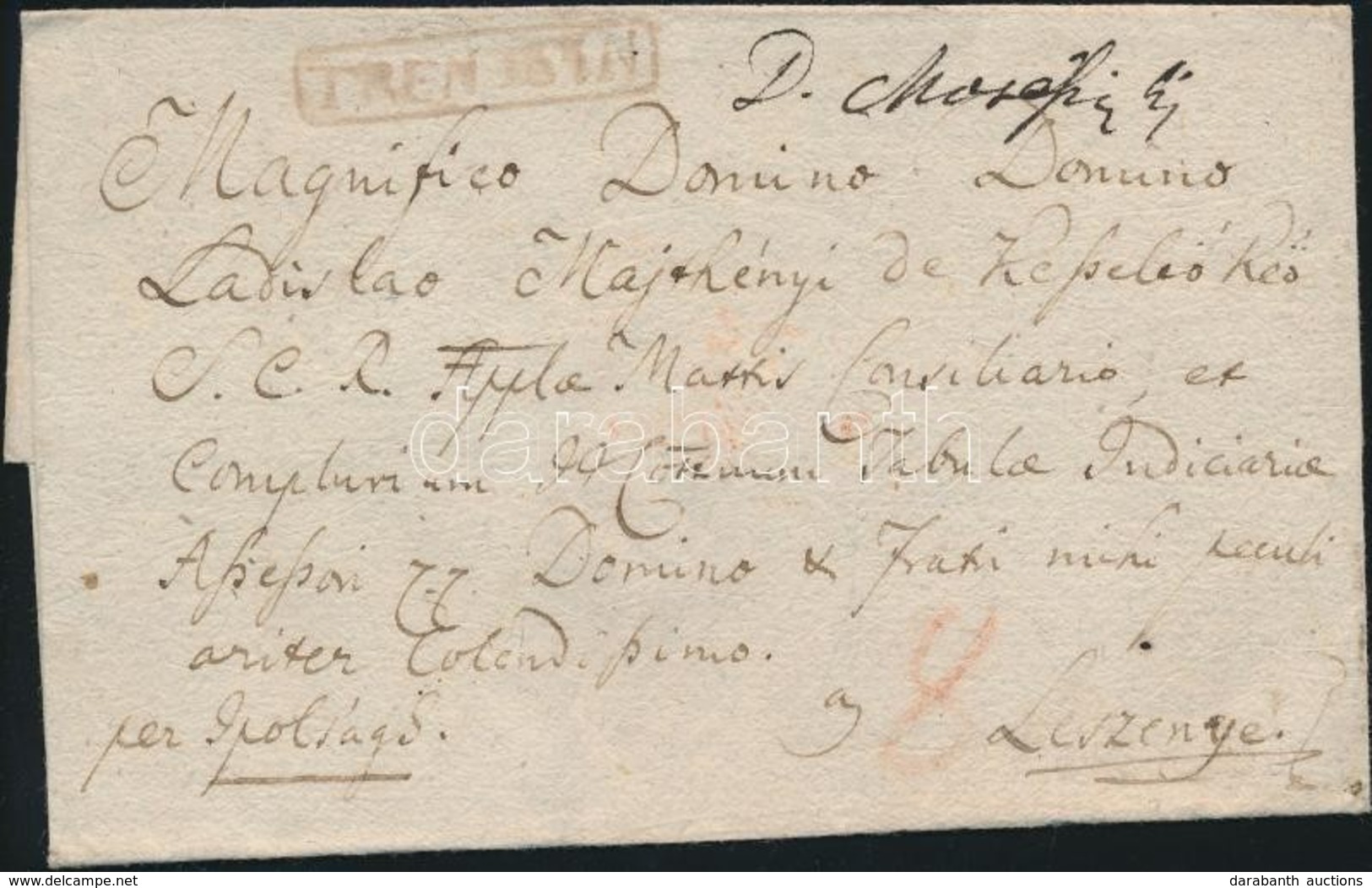 Ca 1830 Portós Levél / Cover With Postage Due, Piros / Red 'TRENTSIN' - Lesznye - Other & Unclassified