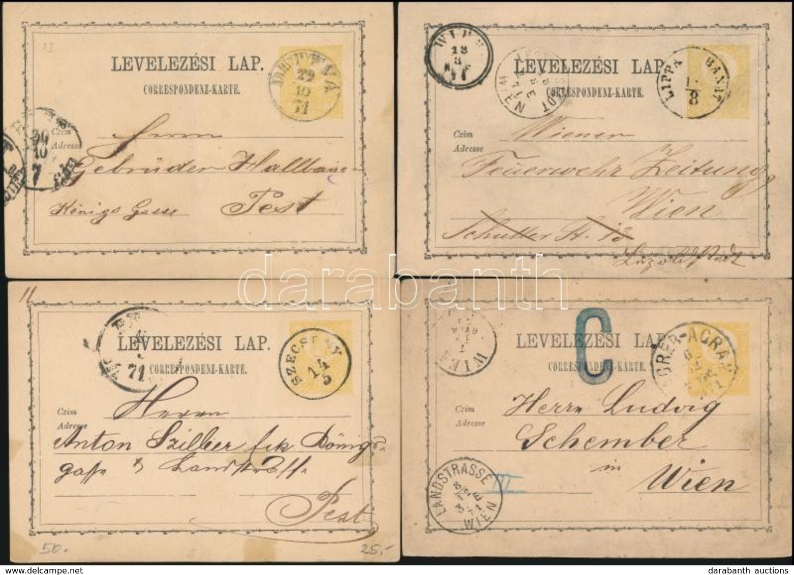 1871 4 Db 2kr Díjjegyes Futott Levelez?lap, II. Típus Sárga / 4 X 2kr PS-card, Type II. Yellow - Other & Unclassified