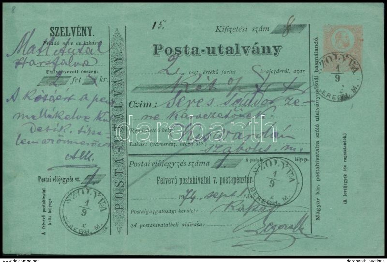 1874 Díjjegyes Postautalvány / PS-money Order ,,SZOLYVA BEREGH M' - Altri & Non Classificati