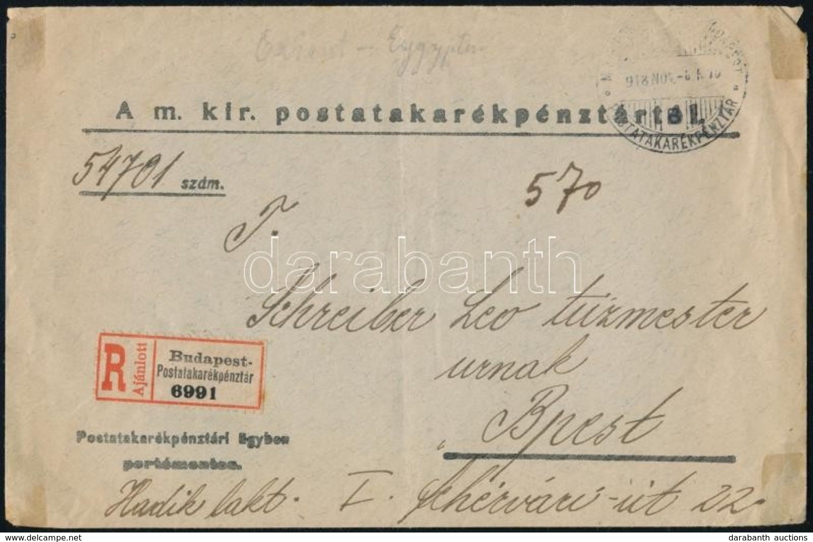 1918 M. Kir. Postatakarékpénztár Ajánlott Portómentes Levél - Other & Unclassified