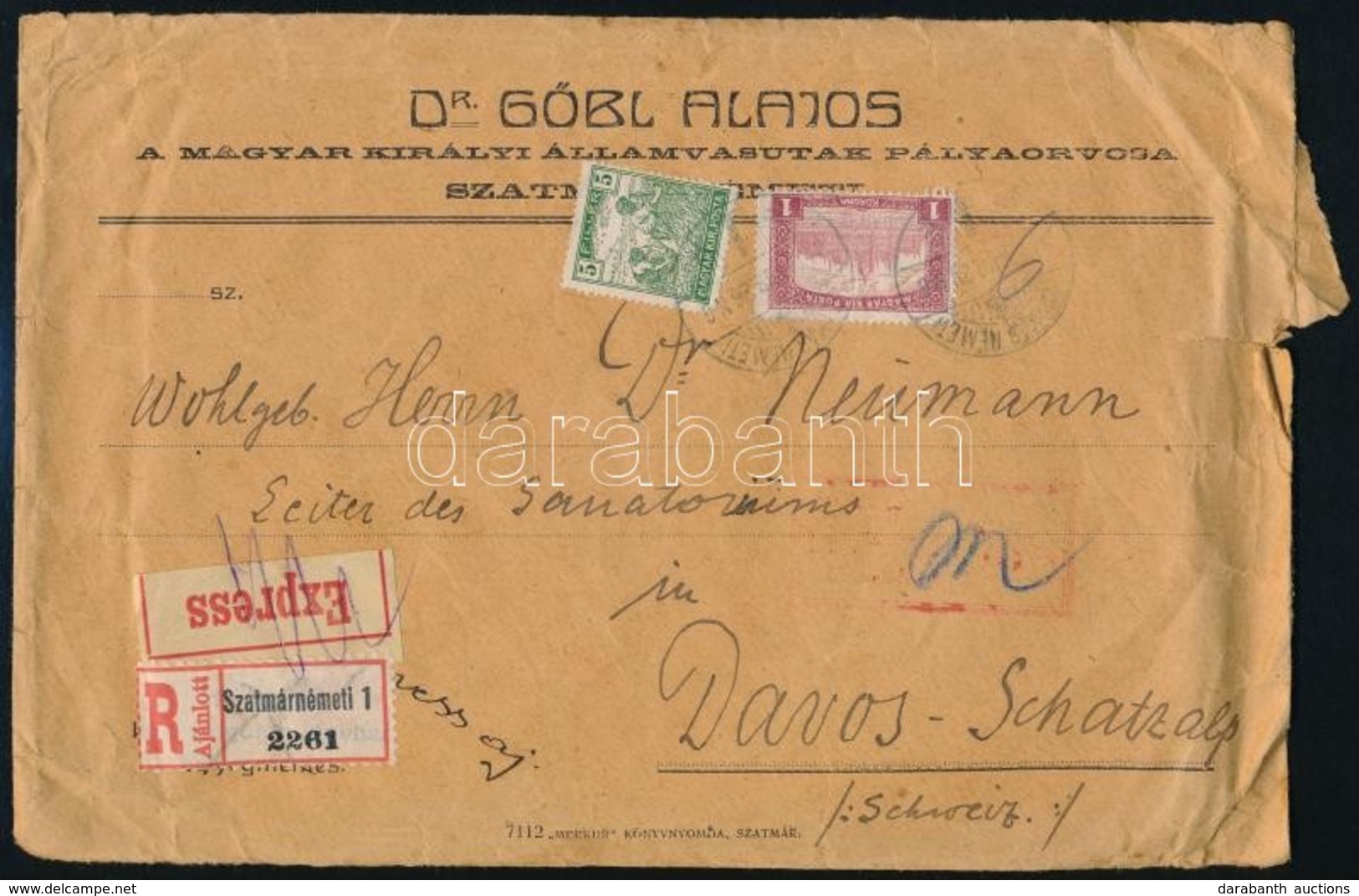 1919 Dr Göbl Alajos Céges Ajánlott Expressz Levele Svájcba Arató-Parlament 1,05K Bérmentesítéssel Svájcba Küldve - Other & Unclassified