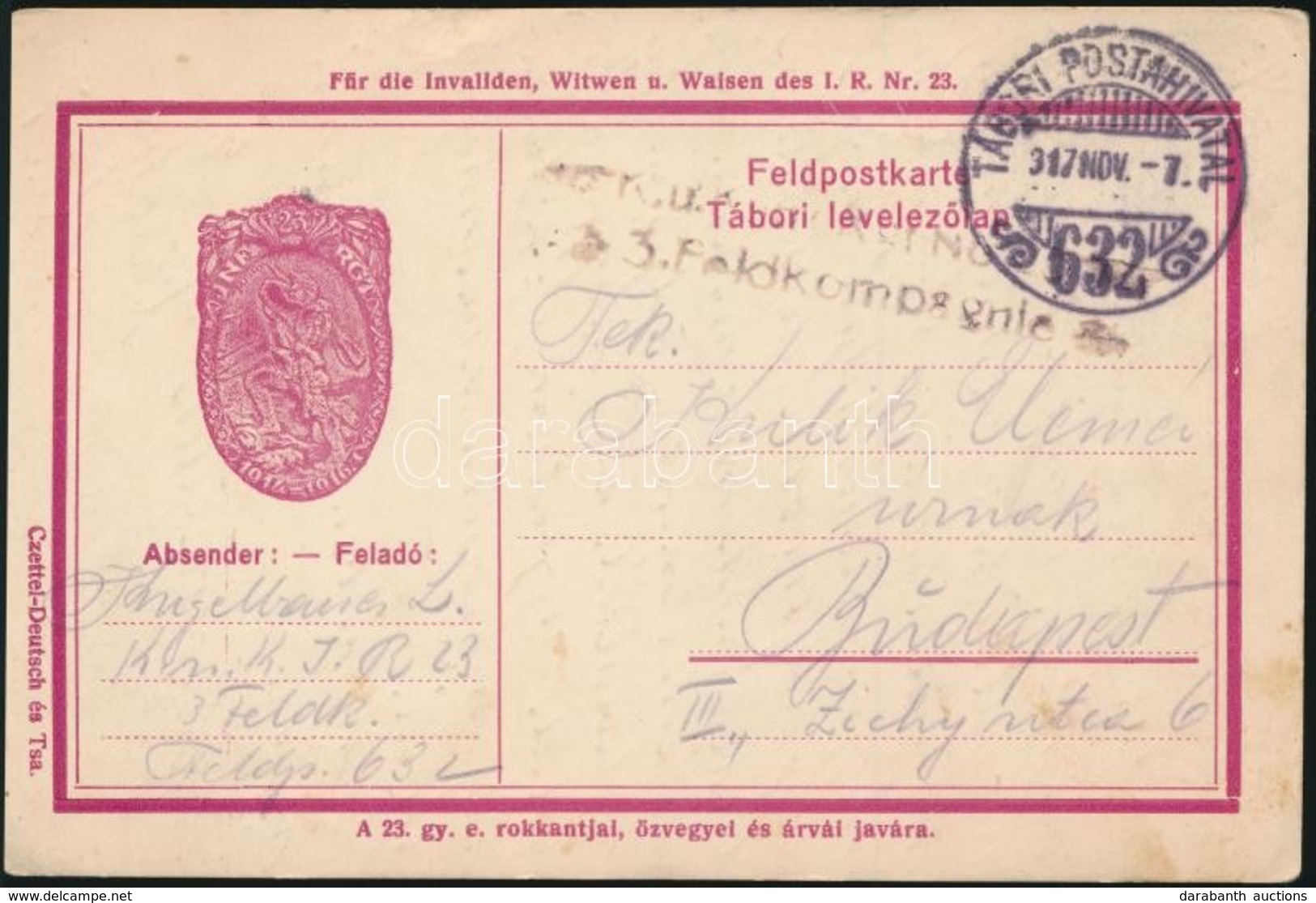 1917 Tábori Posta Levelez?lap / Field Postcard 'K.u.K. Kgr. No. 23. 3.Feldkompagnie' + 'TP 632' - Other & Unclassified