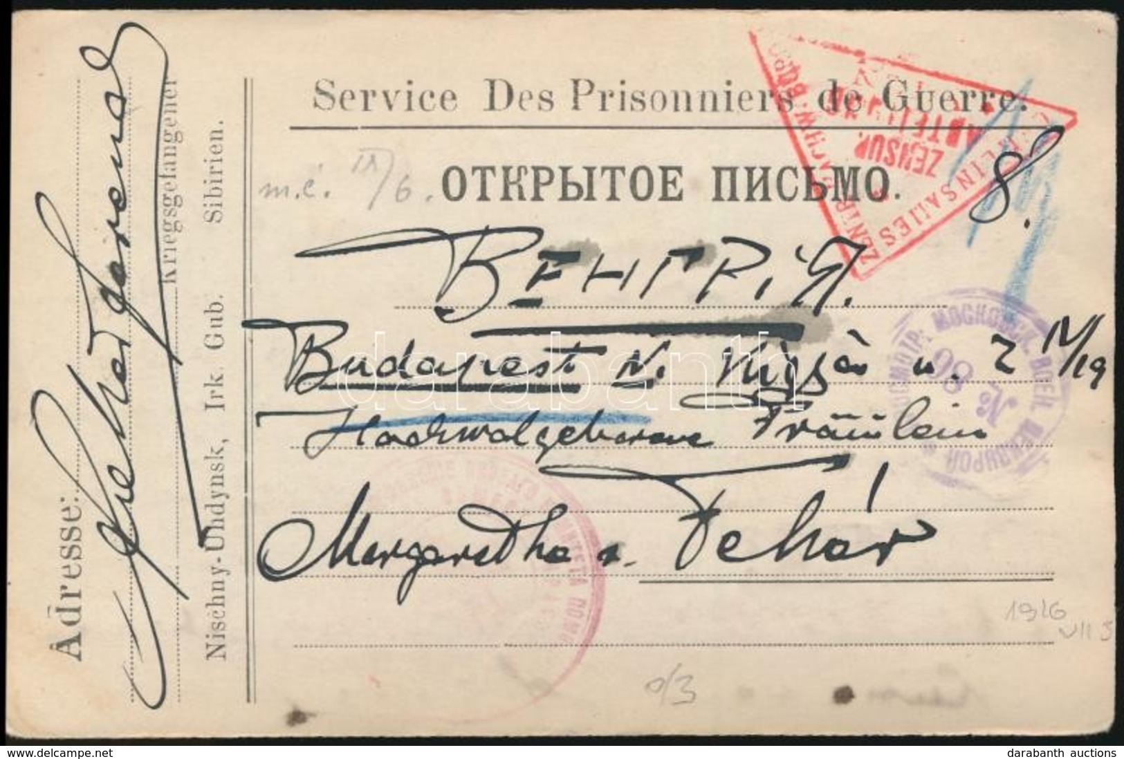 1916 Orosz Hadifogoly Levelez?lap Fekete Sziluettel A Hátoldalán - Other & Unclassified