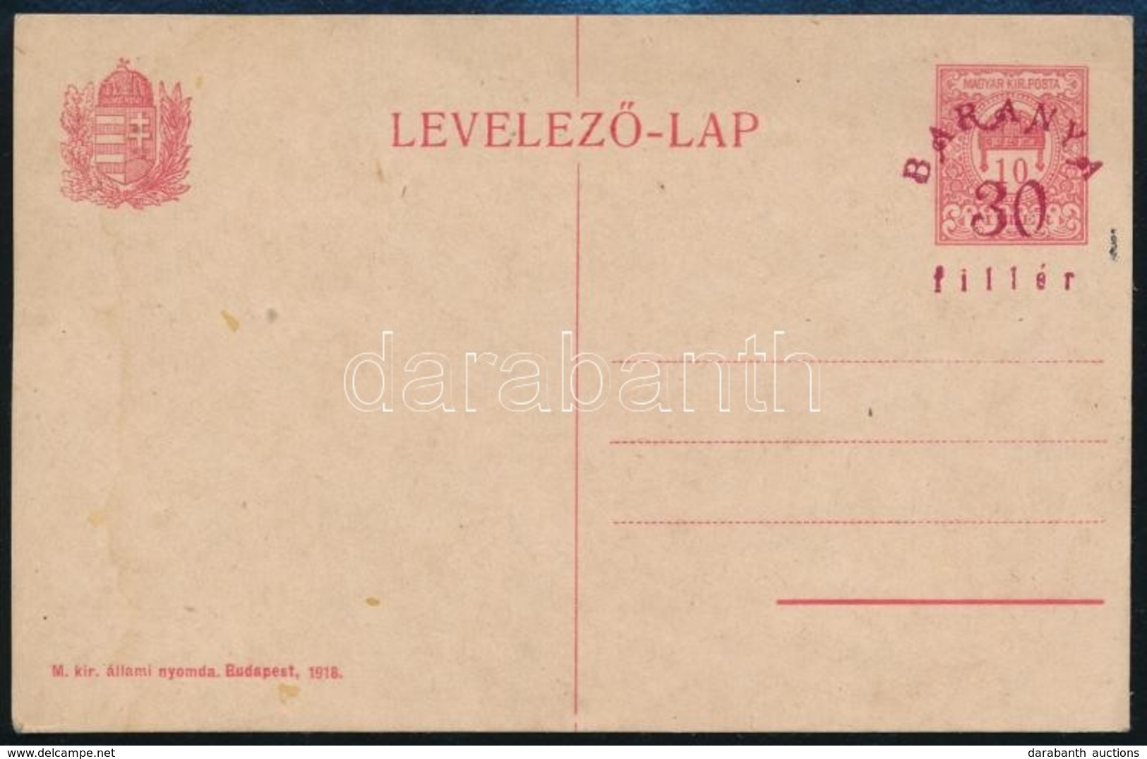 Baranya 1919 Használatlan Díjjegyes Levelez?lap 30f/10f, Bodor Vizsgálójellel (3.000) - Other & Unclassified