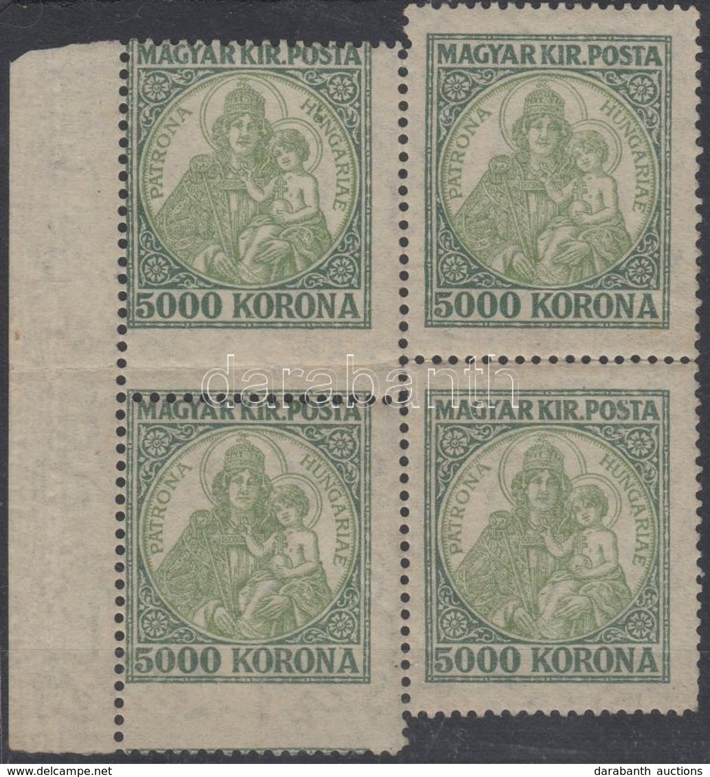 ** 1921 Koronás Madonna 5000K ívszéli Négyestömb Jelent?s Elfogazással / Mi 379 Margin Block Of 4 With Strongly Shifted  - Other & Unclassified