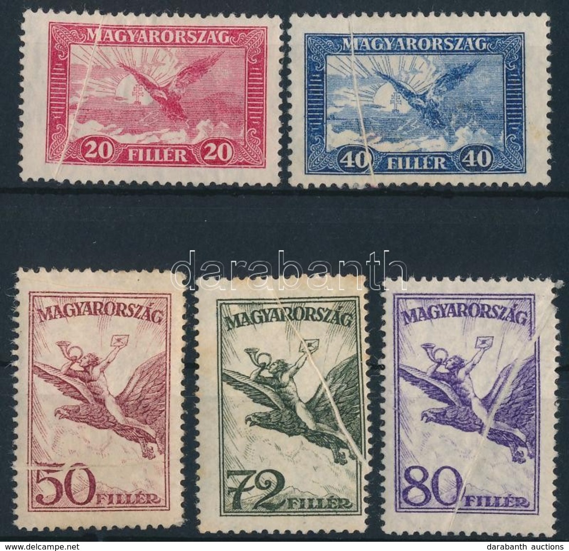 * 1927 Repül? 5 Klf érték Papírránccal / 5 Airmail Values With Paper Crease - Other & Unclassified