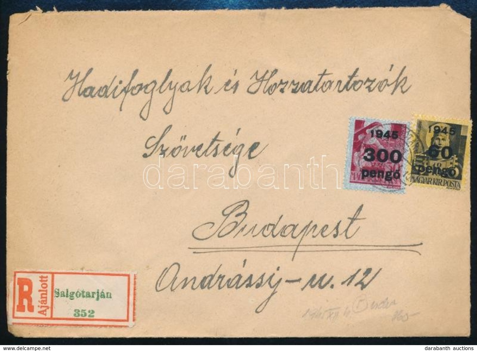 1945 (5. Díjszabás) Ajánlott Távolsági Levél Kisegít? 60P/18f + 300P/30f Bérmentesítéssel - Other & Unclassified