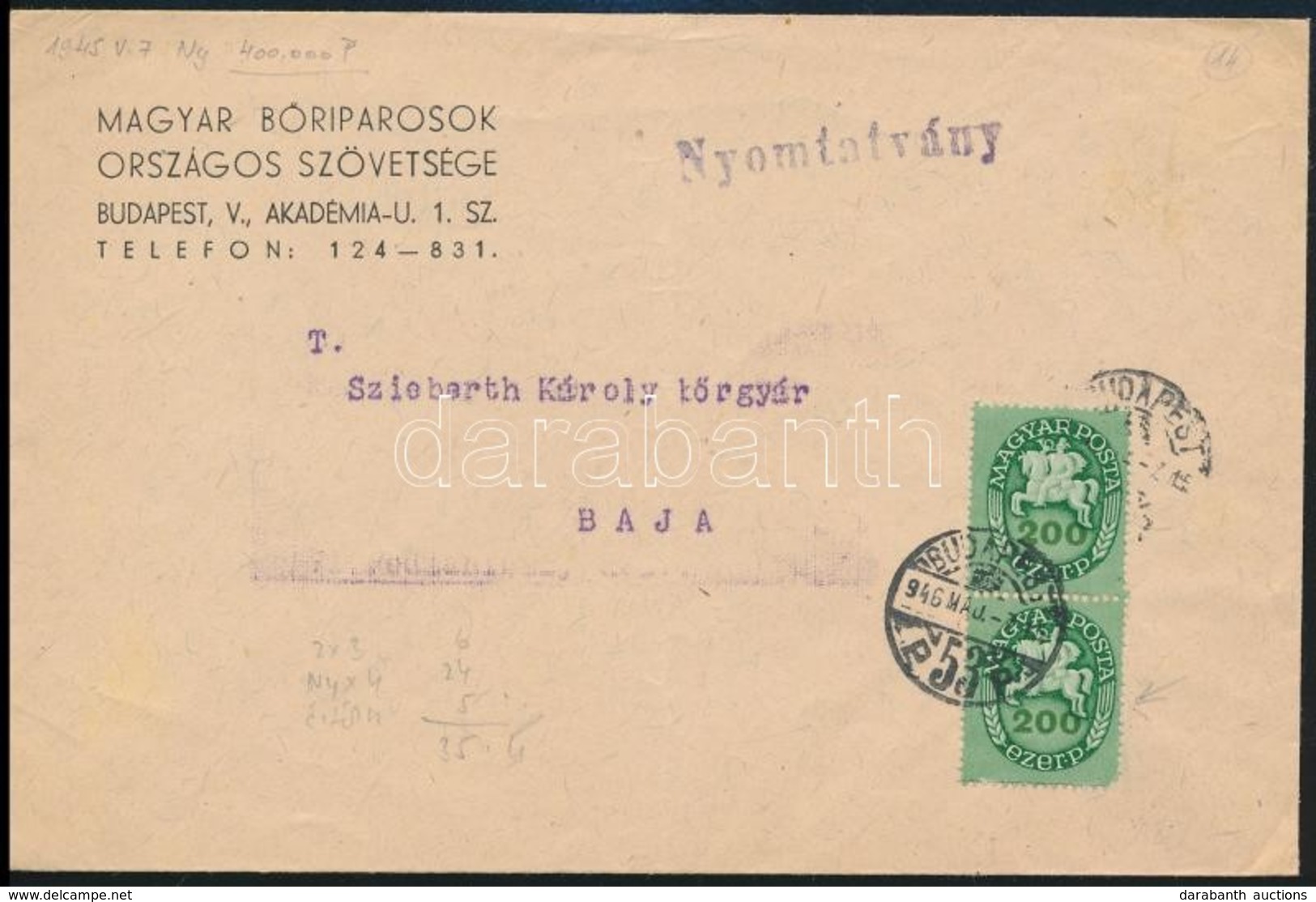 1946 (14. Díjszabás) Távolsági Levél Nyomtatványként Feladva Lovasfutár 2 X 200eP Bérmentesítéssel - Other & Unclassified