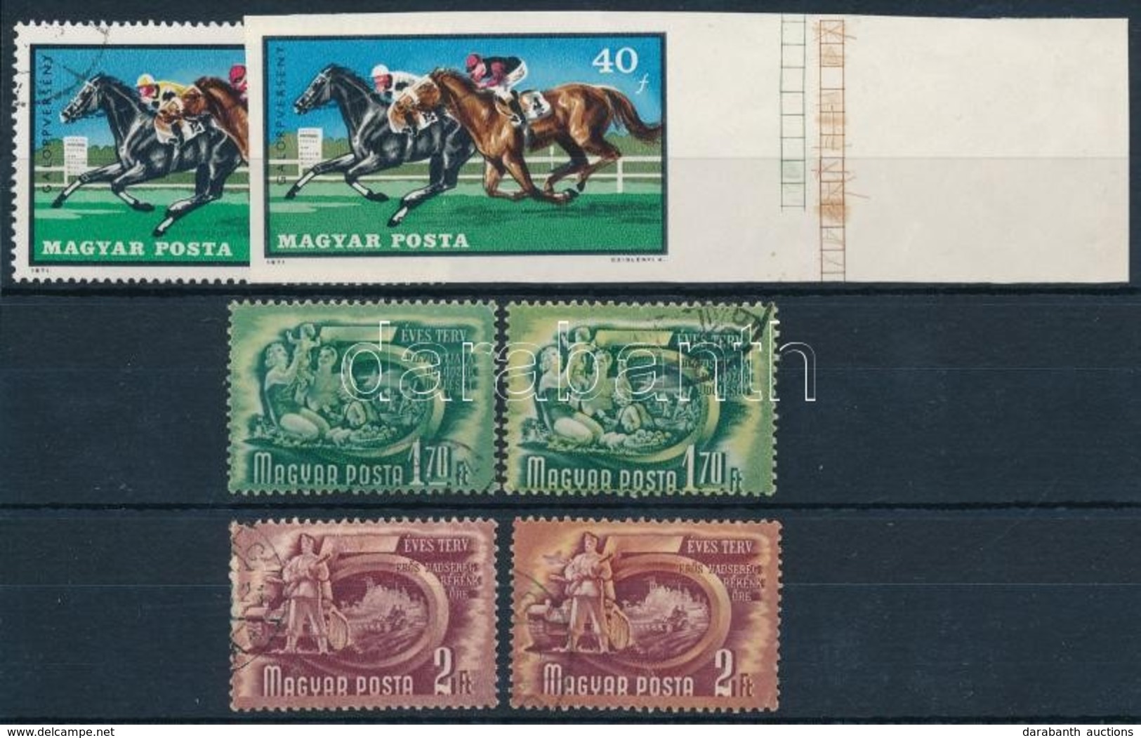 O 1951/1953 Ötéves Terv II. 3 Db Bélyeg Sárga Színnyomat Nélkül + Támpéldány + 1971 Lósport II. Fogazott és Vágott 40f - Other & Unclassified