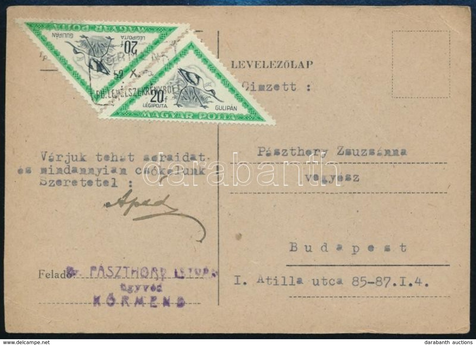 1952 Levelez?lap Madarak (I.) 2 X 20f Bérmentesítéssel 'KÖRMEND' Pályaudvari Levélszekrényb?l - Other & Unclassified