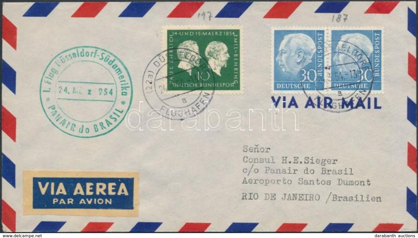 1954 PANAIR Els? Repülés Levél Heuss 30Pf Vízszintes Párral Bérmentesítve / Heuss 30Pf Horizontal Pair On First Flight C - Other & Unclassified