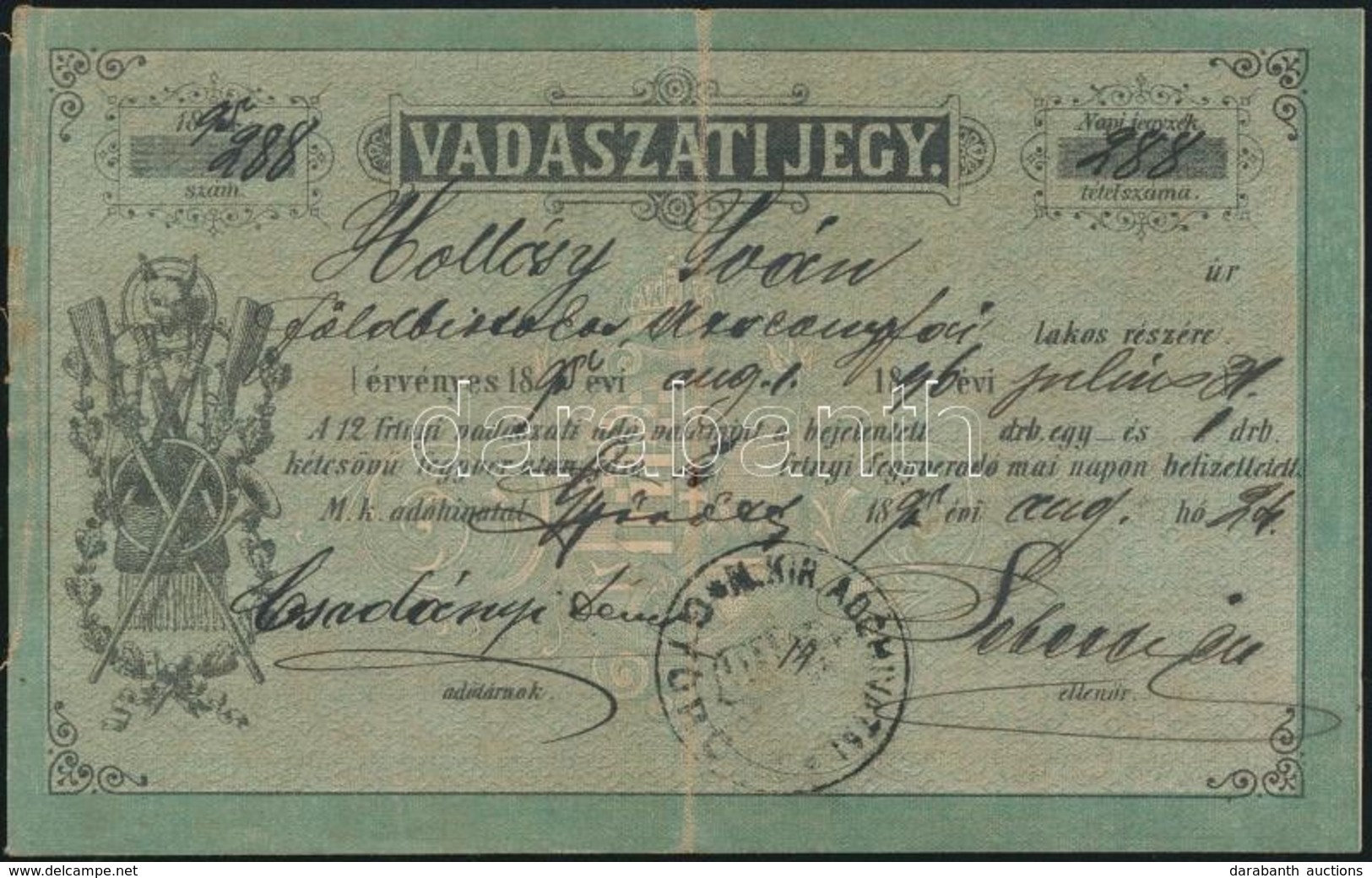 1895 Vadászati Jegy. Vadászjegy - Unclassified