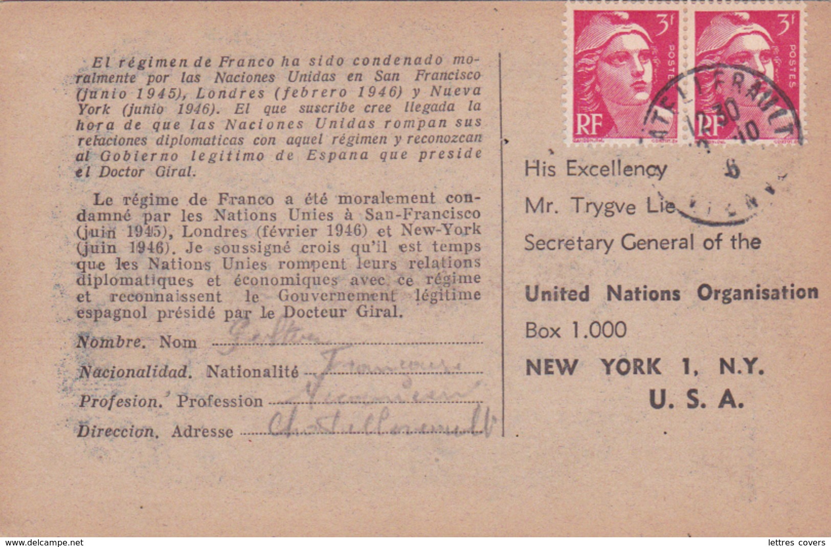 1946 Gandon 3f Paire Sur CP > NATIONS UNIS à New York USA / PRISON  FRANCO ESPAGNE / UN / ONU  INTERNEE SPAIN Prison - ONU