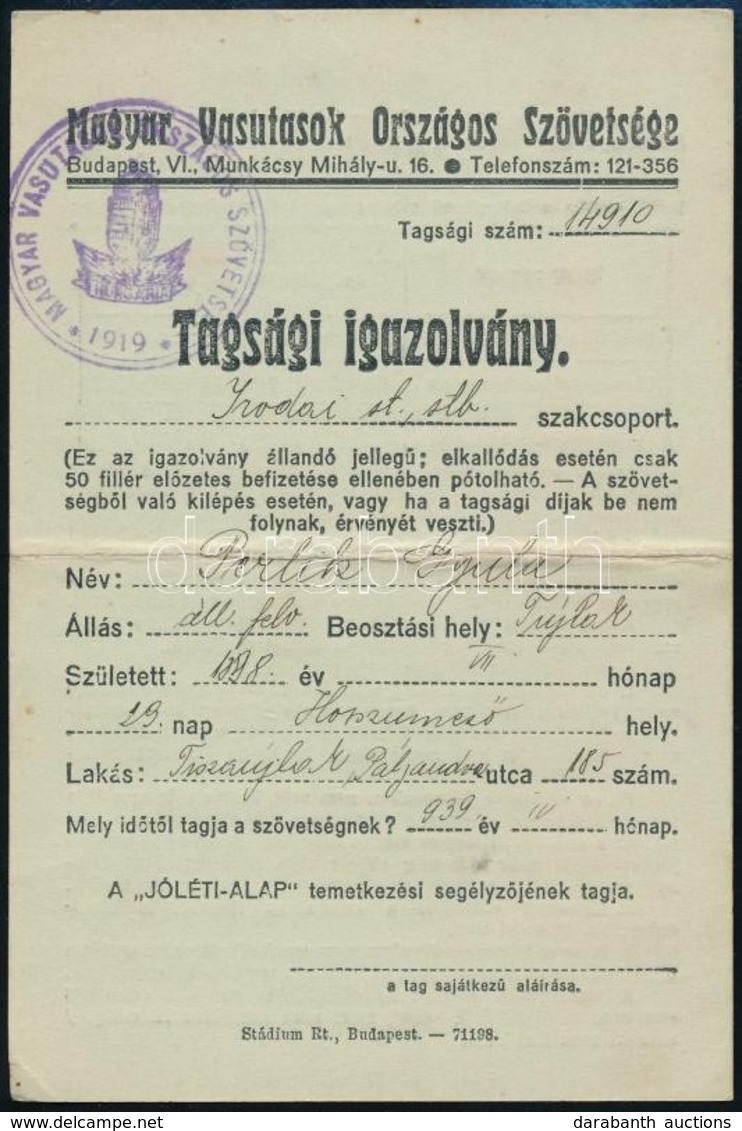 1939 Magyar Vasutasok Országos Szövetsége Tagsági Igazolvány - Unclassified