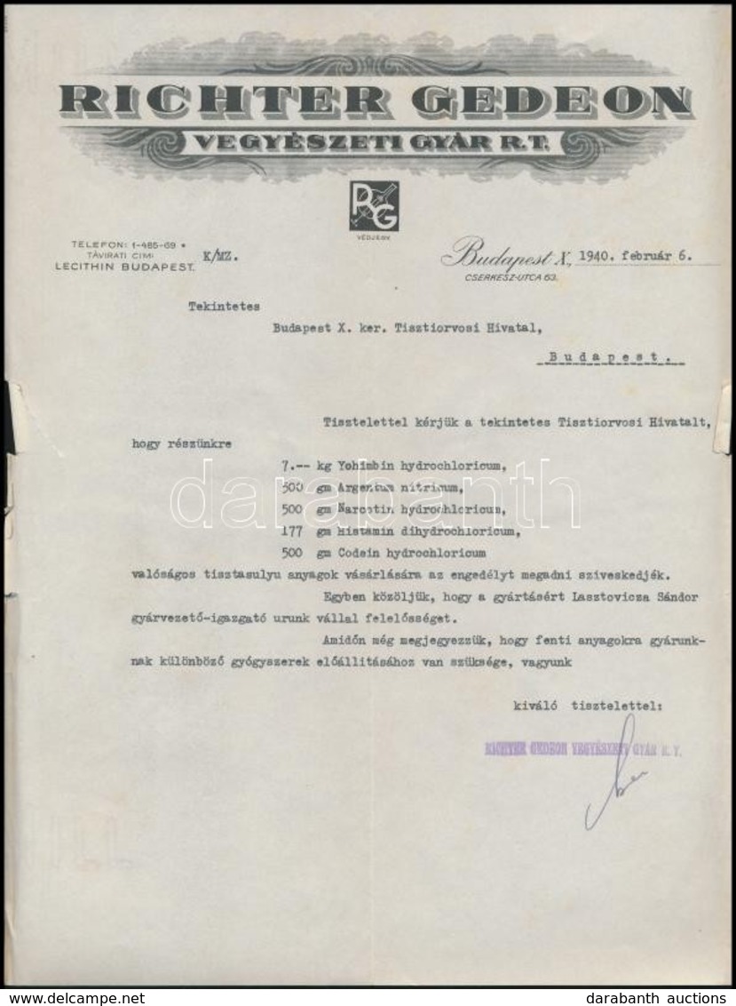 1940 Richter Gedeon Vegyészeti Gyár Díszes Fejléces Levél, Szélén Szakadások - Unclassified